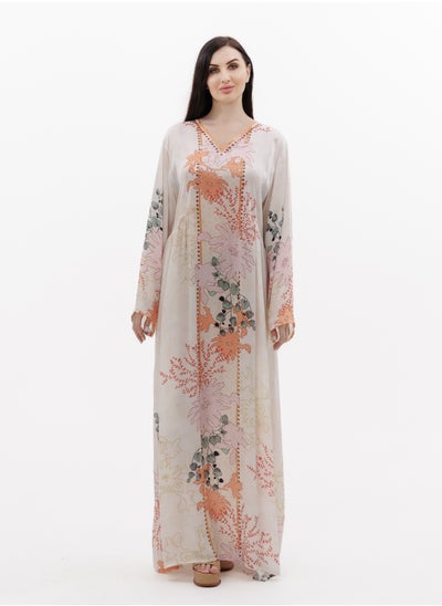 Buy LONG FLORAL PRINTED CREPE STYLISH SMALL STONE WORK ARABIC KAFTAN JALABIYA DRESS in Saudi Arabia