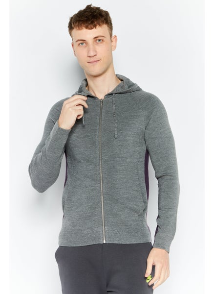 Buy Men Hooded Knitted Long Sleeve Sweatshirt, Grey/Purple in UAE