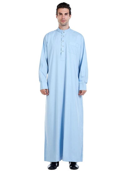 اشتري Mens Solid Color Muslim Clothing Long Sleeve Kaftan Robe With Pockets And Button Islamic Arabic Abaya Clothes Sky Blue في السعودية