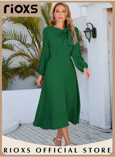 Buy Women's Elegant Bow Tie Mid-long Dress Crew Neck Long Puff Sleeves Tight Cuffs Ruffle A-shape Loose Hem Dress in Saudi Arabia