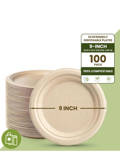 اشتري Ecoway [9 Inch - Pack Of 100] Disposable Plates Made With Bagasse Sugar Canes Microwave & Freeze Safe, Compostable & Biodegradable Dinner Plates, Everyday Tableware Strong & Large Brown في الامارات