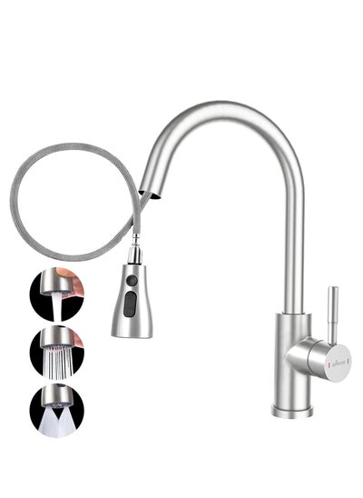 Buy Stainless Steel Kitchen Faucet Mixer with Pull Down Brushed Kitchen Tap 3 Water Modes Single Handle High Arc Sink Mixer 360° Swivel Modern Deck Mount for Hot,Cold Water in UAE