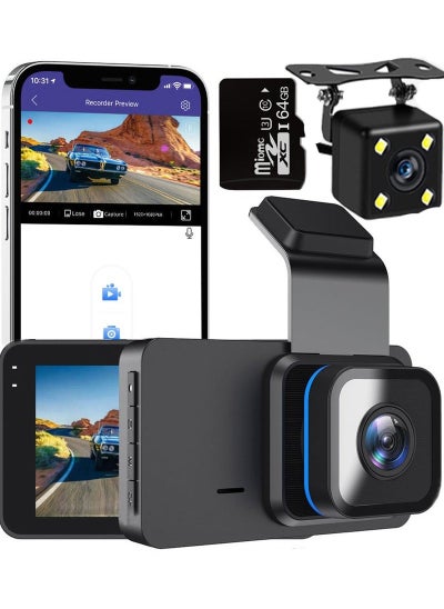 Buy Dash Cam Front and Rear,WiFi & App Control, With 64GB Card,3 inch Full Dashcams for Cars in Saudi Arabia