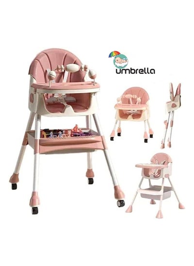 Buy Umbrella 4-in-1 Convertible High Chair with Adjustable Height and Footrest, Toddler Feeding Booster Seat with Tray, Wheels, Seat Belt and Pillow 6 Months to 4 Years (pink) in Egypt