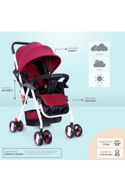 Buy Baby Pram Stroller With Sunshade Canopy, Adjustable Footrest Snack Tray And Accessories- Wine Black/Red in UAE