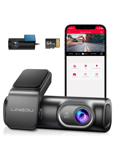 اشتري LINGDU LD01 4K Dash Cam Front and Rear with 64GB SD Card, Built-in 5GHz WiFi GPS, Front 4K/2.5K and Rear 1080P Dual Dash Camera for Cars, Loop Recording, 24 Hours Parking Mode, Voice Control, APP في السعودية