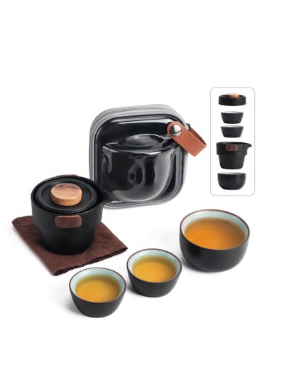 اشتري Portable Teapot Set, Portable Kung Fu Tea Set, Mini Traveling Chinese Ceramic Teapot with 3 Cups All in One Travel Bag, Ideal for Travel, Camping, Picnic, Black في الامارات