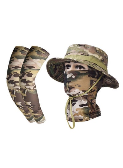 اشتري UV protection sun hat summer outdoor fishing hat full face mask large brim breathable bucket hat camouflage sun hat (3 piece set) في السعودية