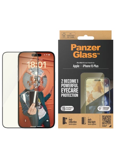 اشتري PanzerGlass™ Advanced Anti-Reflective and Anti-Blue Light Screen Protector for Apple iPhone 15 Plus, Protect Your Eyes, Protect Your Phone - Case friendly full screen protector with mounting aid في الامارات