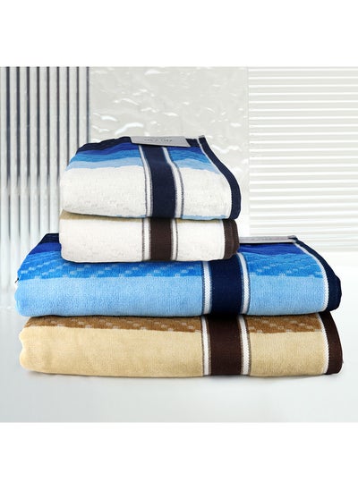 Buy 4 Piece Bathroom Towel Set ZICZAC 500 GSM 100% Cotton Velour 2 Bath Towel 70X140 cm & 2 Hand Towel 50x90 cm Blue & Brown Color Modern Stripe Design Luxury Touch Extra Absorbent in UAE