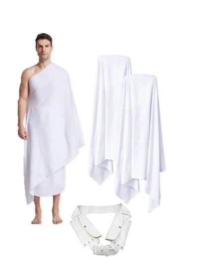 Buy HKT Turkey Men's Hajj Umrah clothing Ahram Ehram 100% Turkish Cotton Super Soft 2 Pcs Towel Set.(top and Bottom) 43X86 inch New Dry Fast Microfiber Woven Technology. Ahram's non stitched Waterproof in UAE