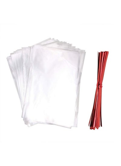 اشتري 5 X 7 Inch Clear Flat Opp Cello Cellophane Treat Bags With 100Pcs Red Twist Ties For Wedding Gift Candy Cookie Bakery Bread Dessert 100Pcs في الامارات