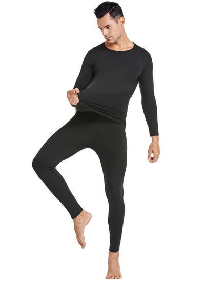 اشتري Men's Thermal Underwear Sets Top & Long Johns Fleece Sweat Quick Drying Thermo Base Layer-Black في السعودية