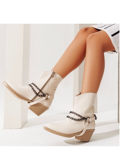 Buy Ankle Boots Leather With Accessories And Zipper G-32 - Beige in Egypt