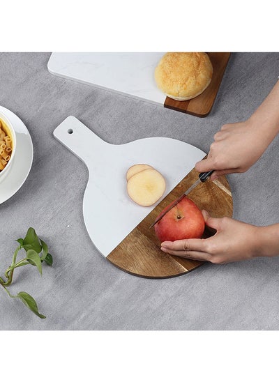 Buy Luster Round Chopping Board With Handle Acacia Wood plus Artificial Marble Cutting Board Best For Food Preparation For Kitchen & Dining Room L35Xw25Xh1.5Cm - White in UAE