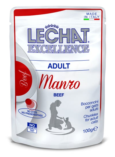 Buy Lechat Excellence by Monge | Cat Wet Food with Beef | Super Premium Complementary Wet Cat Food | Chunkies in Pouch - 100g in UAE