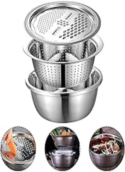 Buy Basin Stainless Steel Grater With Vegetable Cutter And Rice Sieve 3Pcs/Set Multifunctional Food Basin Bowl Food Drainer Colander Grater Slicer Set Multifunctional Kitchen Tools (Color : 26Cm) in Egypt