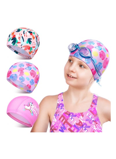 Buy 3 Pcs Kids Polyester Swim Caps, Fabric Swimming Hat Kids Long Hair Swimming Cap Flexible Nylon Swimming Hat Unisex Bathing Cap for Kids in Saudi Arabia