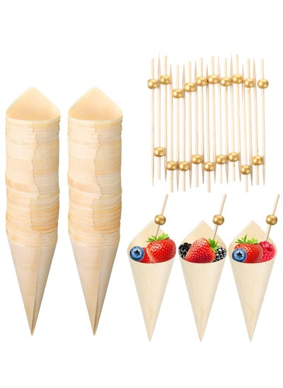 اشتري 200 Pcs Disposable Wood Cones Pearl Cocktail Picks Fancy Bamboo Toothpicks for Appetizers Wooden Food Picks Ice Cream Cone Holder Cocktail Skewers for Drinks Wedding Birthday Party في السعودية