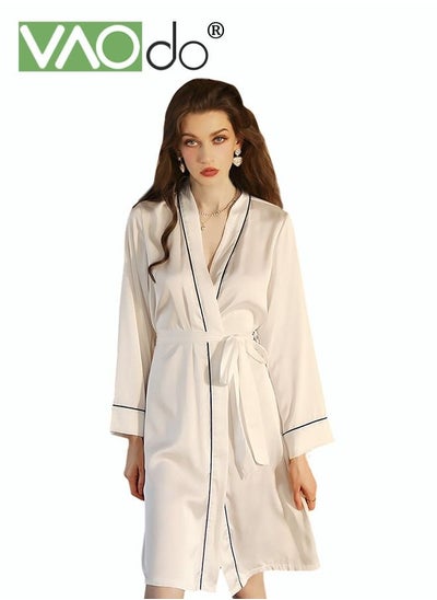 اشتري Women's Bathrobe Light Luxury Ice Silk Satin Cooling Nightgown Wrapping Design Breathable Skin-friendly Bathrobe White في السعودية