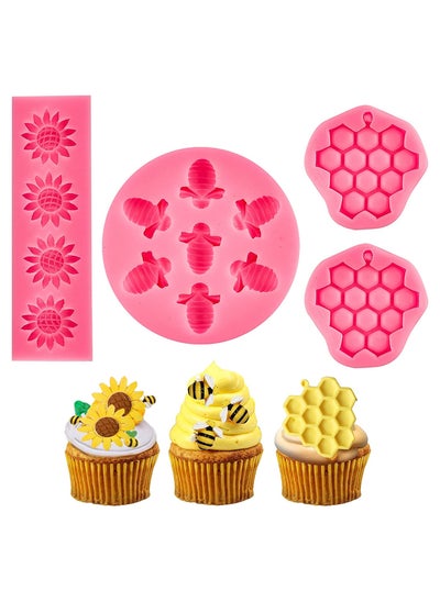 اشتري 4 Pieces Silicone Mold Bumble Bee Chocolate Sugarcraft Baking Tool DIY Cake Silicone Mold Honeycomb Sunflower and Bee Fondant Molds for Cupcake Cake Decorating Sugar في الامارات