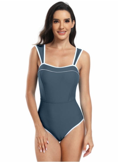 Buy Women's One Piece Swimsuit Wide Strapes Bathing Suits Greyish Blue in Saudi Arabia