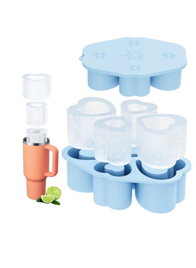 Buy 4-Cavity Ice Cube Tray for Stanley Cup, Silicone Hollow Heart Ice Mold with Lid for Freezer, Ice Drink, Juice, Whiskey, Cocktail,Perfect Compatible with Tumbler Cup 30 Oz, Blue in UAE