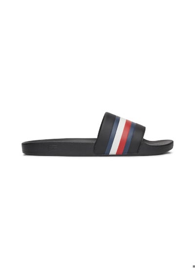 Buy Men's Signature Tape Pool Slides, Black - faux leather in Saudi Arabia