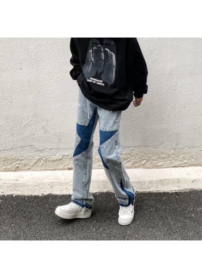 اشتري Hip-Hop Patchwork Jeans Loose Casual Mens Denim Blue في السعودية