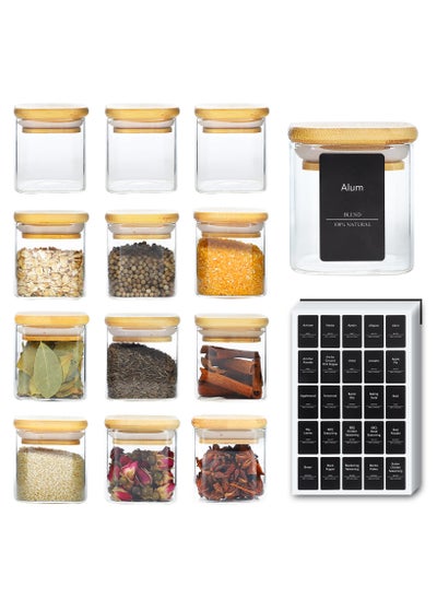 Buy 12Pcs Glass Spice Jars with Bamboo Lid, 4oz Airtight Square Spice Containers with 275 Black Lables, Empty Seasoning Jars for Spice Salt Sugar in UAE