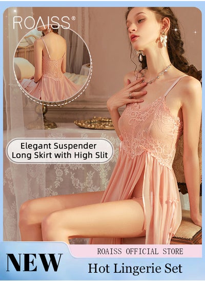 Buy French Slit Suspender Pajamas for Women Lace Mesh Hollow Adjustible Nightgown Sweet Girly Type Backless See Through Nightdress Ladies Soft Skin-Friendly Comfortable Loungewear in Saudi Arabia