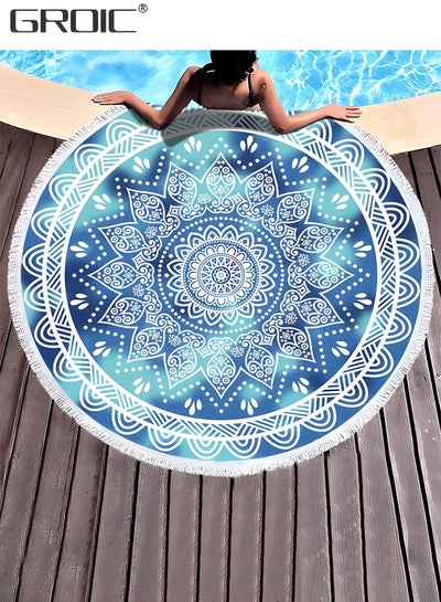 Buy Microfiber Mandala Round Blue Beach Towel Blanket, Oversized Quick Dry Super Absorbent Thick Towel for Pool Swimming Picnic Yoga Mat Wall Decor Tapestry Circle Table Cloth, 59” Bohemian Towel in UAE