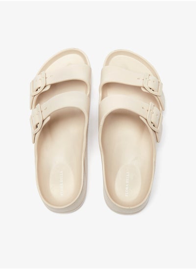 Buy Monotone Dual Strap Slide Slippers with Buckle Detail in UAE