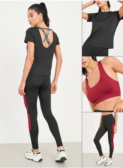 Buy Pack of 3 - Solid Top, Slogan Print Strap Sports Bra & Leggings in Saudi Arabia