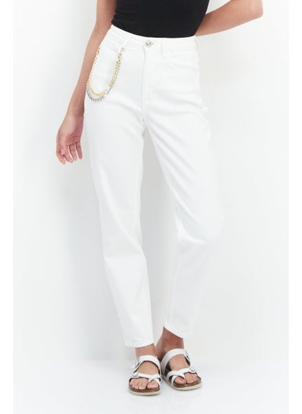 Buy Women Tapered Fit Plain Denim Jeans, White in UAE