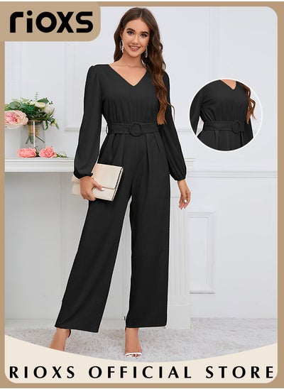 Buy Women's Long Sleeve Slimming Jumpsuit Outfit Puff Sleeves V Neck Top And Loose Straight Leg Long Pants With Waist Belt For Business Work And Daily Wear in UAE