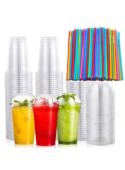 Buy 100PC Disposable Drinking Plastic Cup 16oz For Smoothie Coffee Water Juice Cups With Dome Lid Clear with straw in UAE