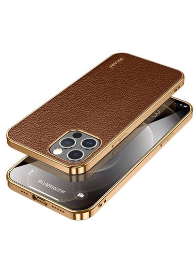 اشتري Case for Apple iPhone 14 Pro Max 6.7 inch Slim Luxury Business Style Retro Classic PU Electroplate Shiny Gold Frame Soft Hybrid Bumper Shockproof Cover Protective Cover Brown في السعودية