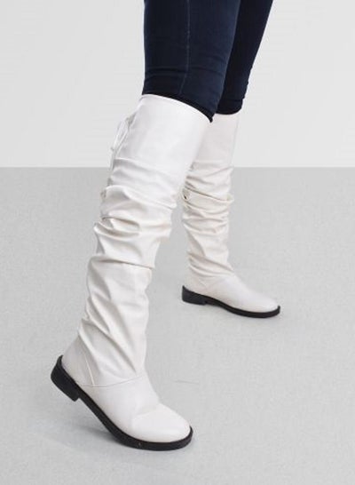 Buy Women Leather Long Boots Tie Back M-70 - White in Egypt