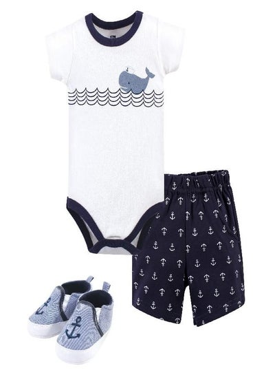 اشتري Hudson Baby baby boys Cotton Bodysuit, Shorts and Shoe Layette Set, Blue Sailor Whale, 6-9 Months US في الامارات