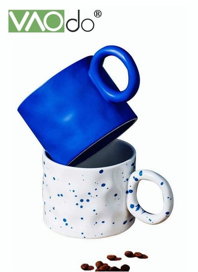 Buy 2PCS Creative Coffee Cup Novelty Mug for Coffee Juice Water Milk Home Office Ceramic Cup with Unique Handle Blue and White 450ML in UAE