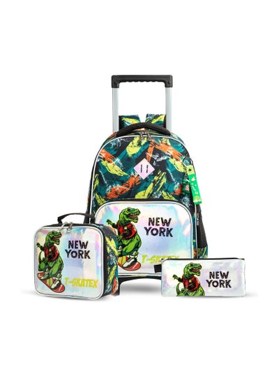 اشتري Eazy Kids - 16" Set of 3 Trolley School Bag Lunch Bag & Pencil Case New York Dinosaur - Green في الامارات