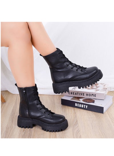 Buy Ankle Boot Leather Mid Heels With Rope E-95 - Black in Egypt