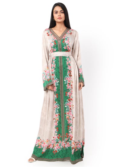 Buy LONG FLORAL PRINTED CREPE STYLISH ARABIC KAFTAN JALABIYA DRESS in Saudi Arabia