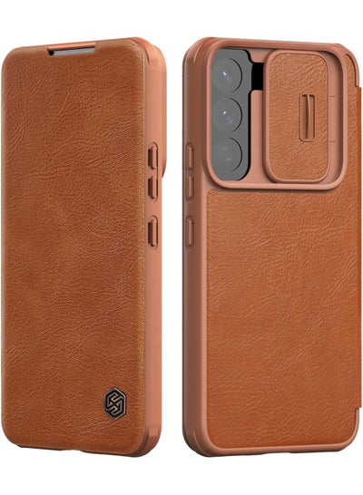 Buy Nillkin for Samsung Galaxy S22 Plus Case with Camera Cover and Card Holder, PU Leather Case with Flip Cover and Slide Camera Protection, Durable Shockproof Cover - Brown in Egypt