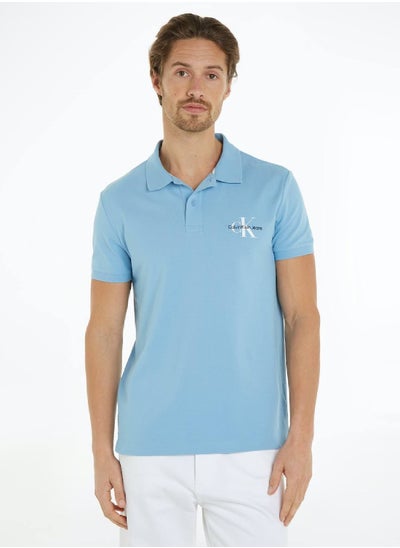 Buy Men's Monogram Logo Short Sleeve Polo - Cotton, Blue in UAE