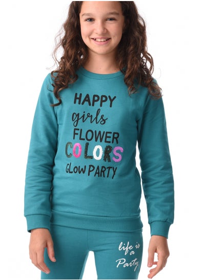 Buy Kids girls Sweatshirt with Joggers Set in 100% Cotton - Green in UAE