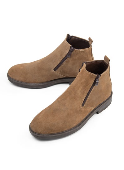 Buy Half-boot shoes made of natural suede and a medical rubber sole with a zipper on the sides, in beige color in Egypt