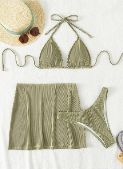 Buy 3 Piece Solid Color Swimsuit Beach Bikini Green in UAE