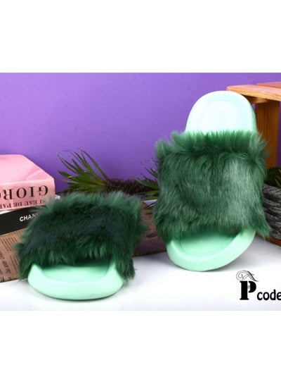 Buy Women's slipper with fur rubber sole, green color in Egypt